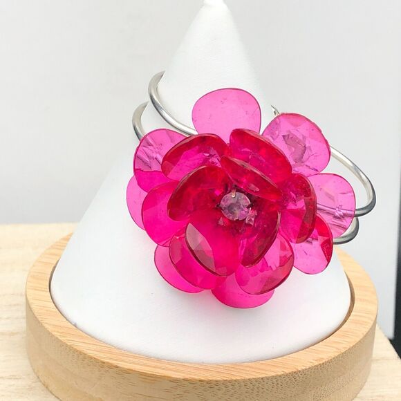 Hot Pink Flower Bracelet Faceted Transparent Acrylic Lucite Rose Crystal Clamper - Picture 4 of 10